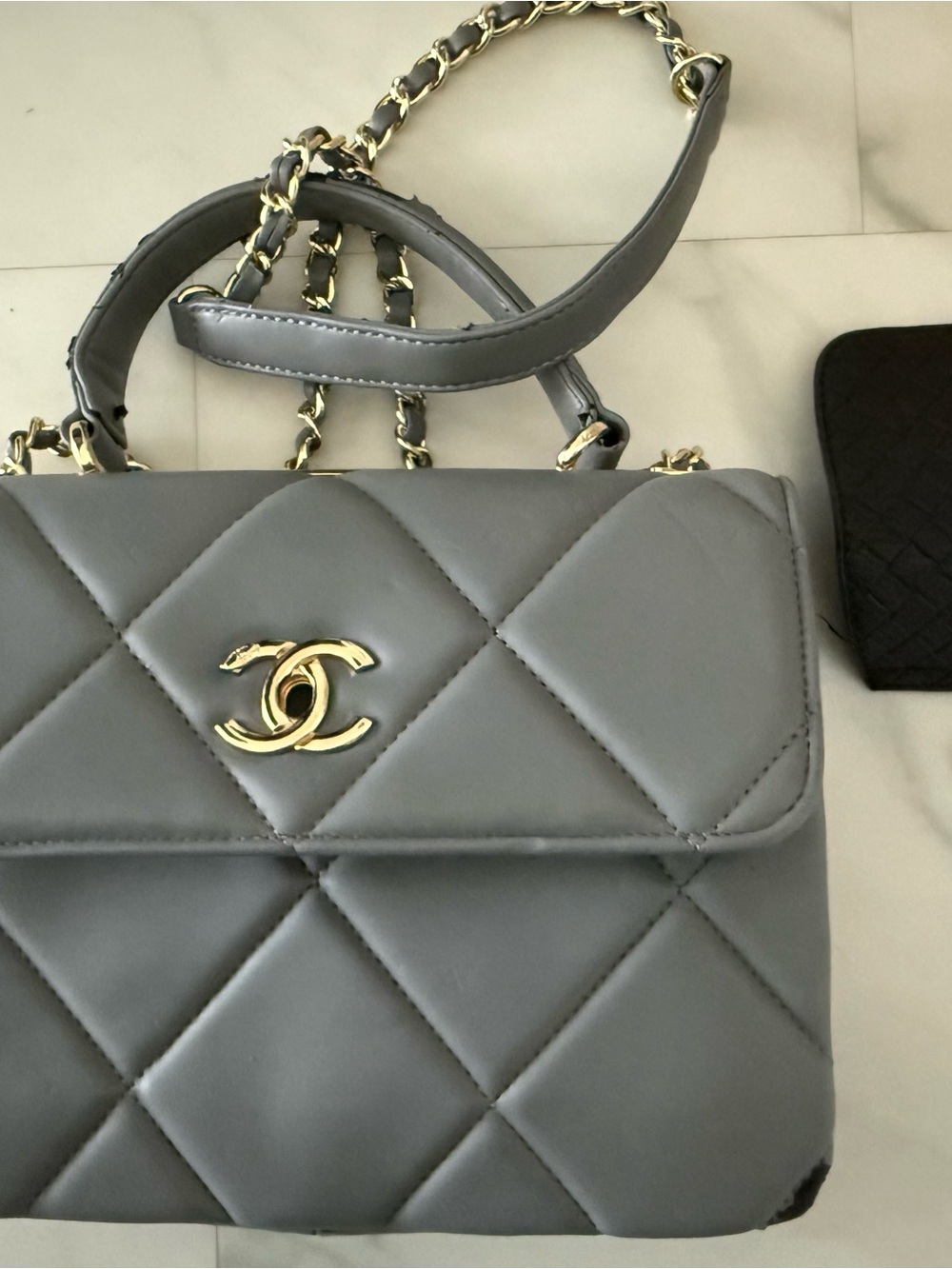 CHANEL Quilted Gray Leather Shoulder Bag with Gold CC Hardware